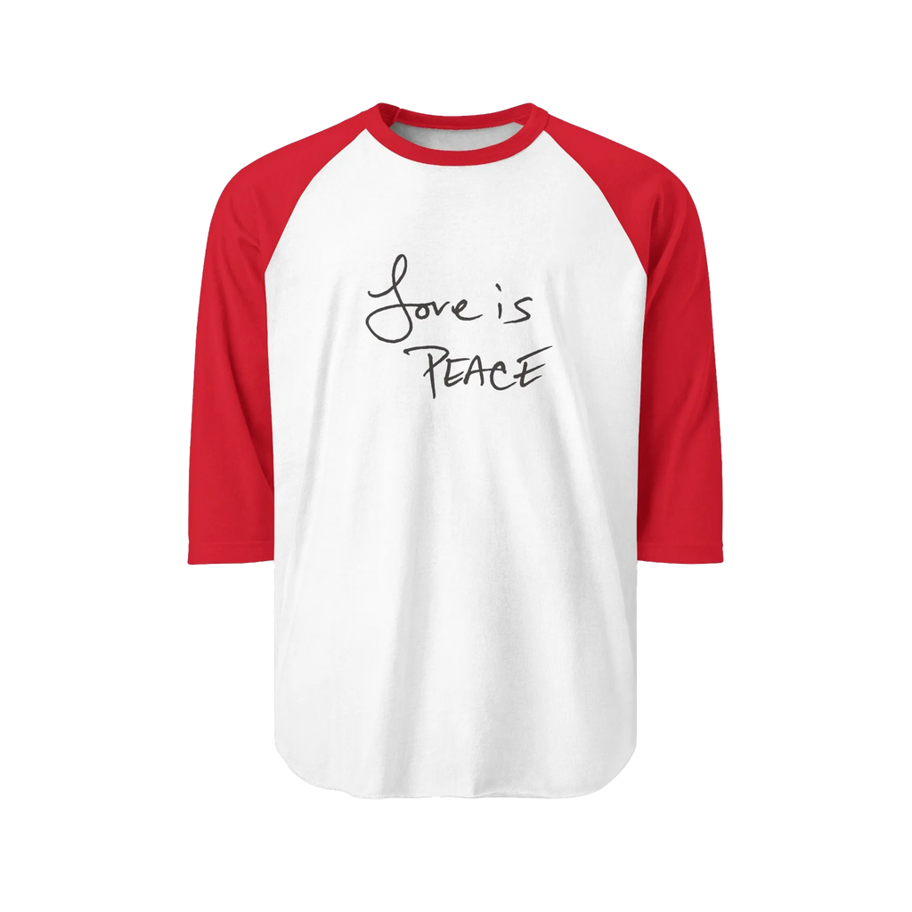 A White/Red Unisex three-quarter Sleeve Baseball Raglan Tee with red sleeves on a white shirt and "Love is Peace" in black text.
