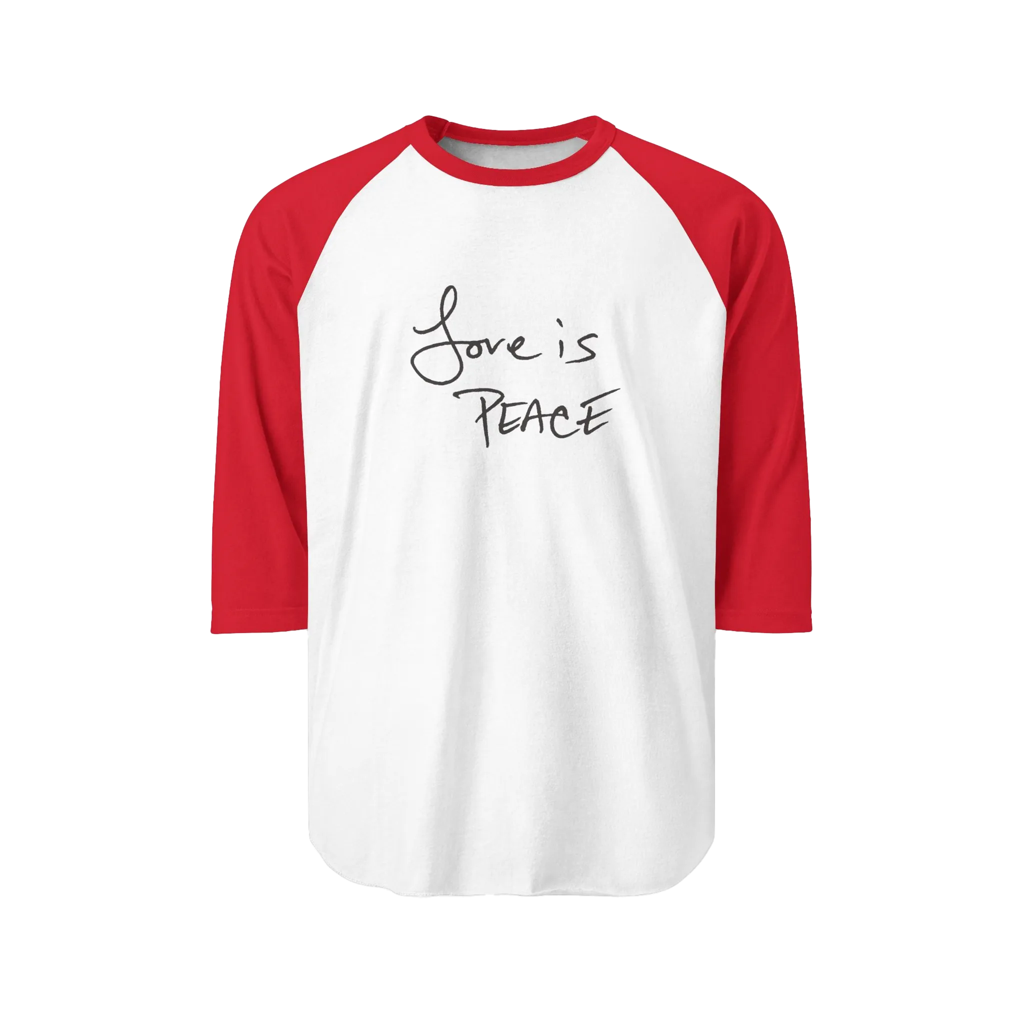 A White/Red Unisex three-quarter Sleeve Baseball Raglan Tee with red sleeves on a white shirt and "Love is Peace" in black text.
