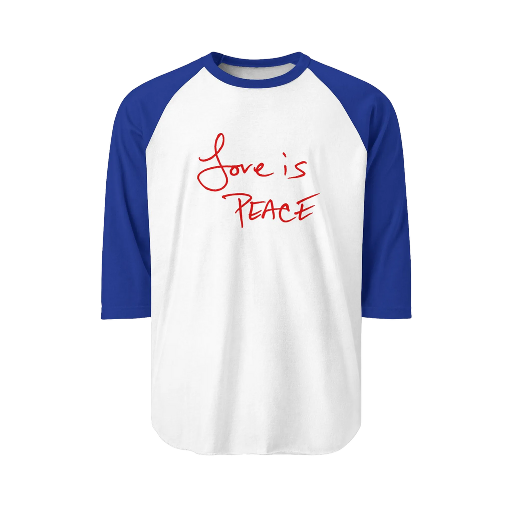 A White/Royal Blue Unisex three-quarter Sleeve Baseball Raglan Tee with royal blue Sleeves on a white shirt and "Love is Peace" in red text.
