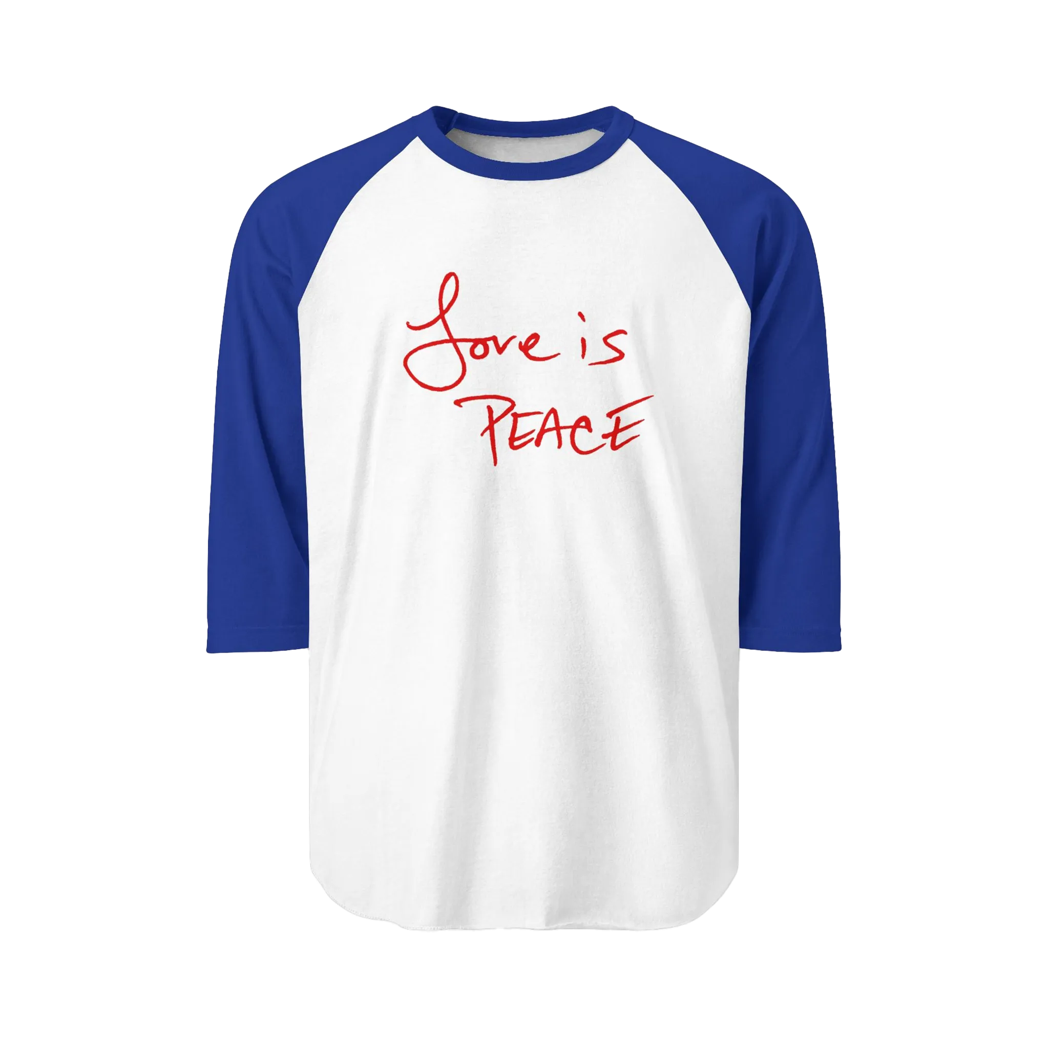 A White/Royal Blue Unisex three-quarter Sleeve Baseball Raglan Tee with royal blue Sleeves on a white shirt and "Love is Peace" in red text.
