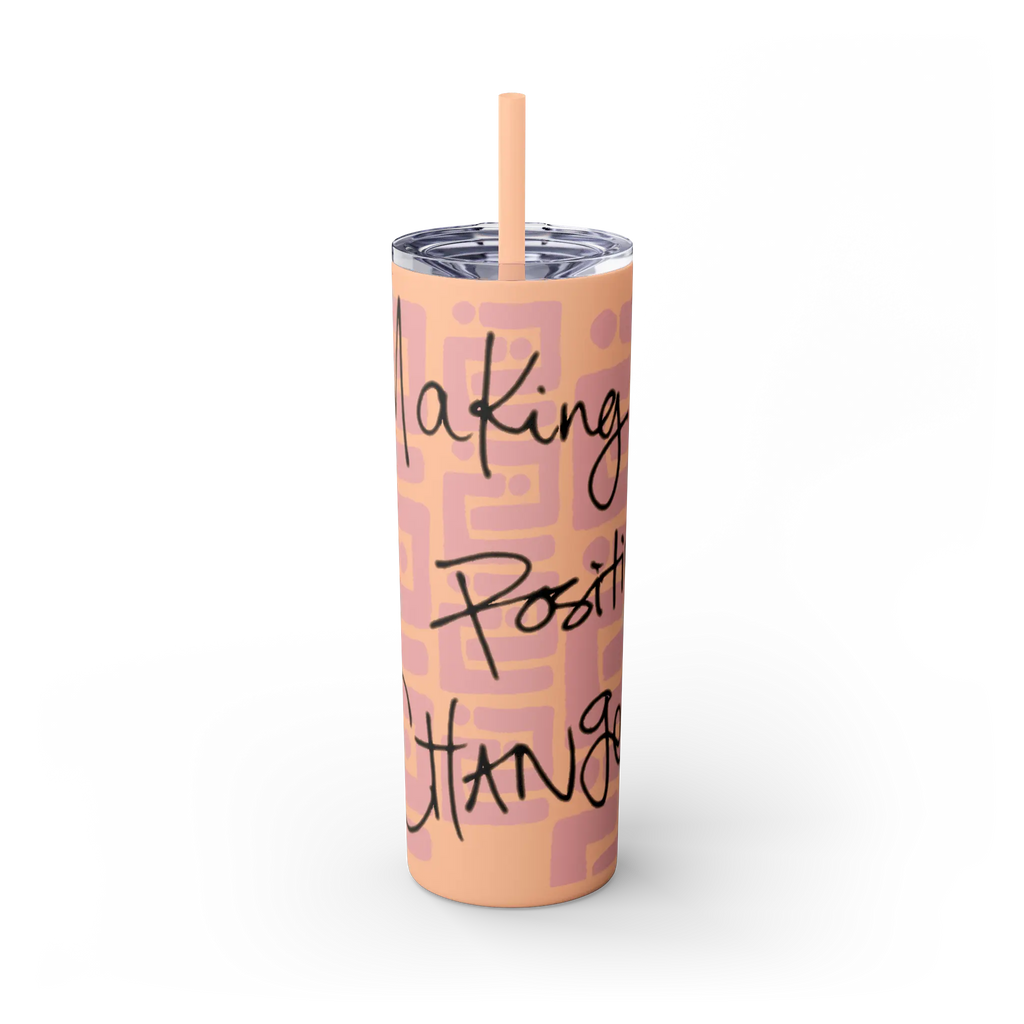 Freebrd Making Positive Changes 20oz matte peach blush skinny stainless steel tumbler with black handwritten script text and matching peach straw front view.