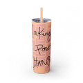 Freebrd Making Positive Changes 20oz matte peach blush skinny stainless steel tumbler with black handwritten script text and matching peach straw front view.