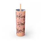 Freebrd Making Positive Changes 20oz matte peach blush skinny stainless steel tumbler with black handwritten script text and matching peach straw front view.