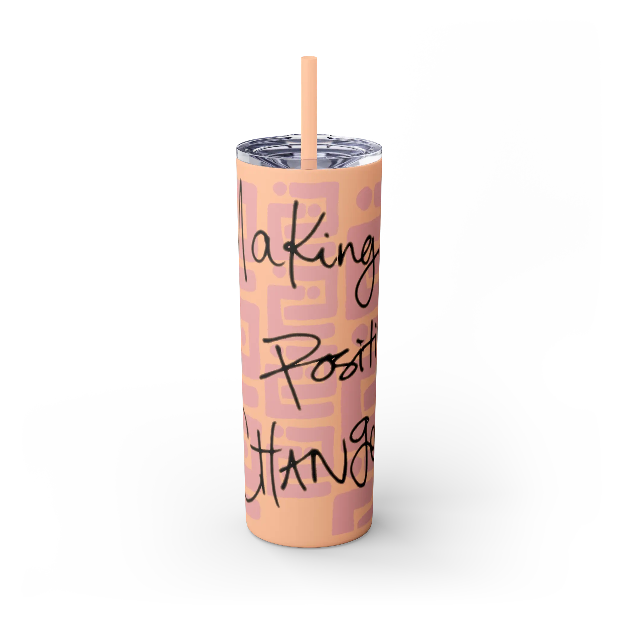 Freebrd Making Positive Changes 20oz matte peach blush skinny stainless steel tumbler with black handwritten script text and matching peach straw front view.