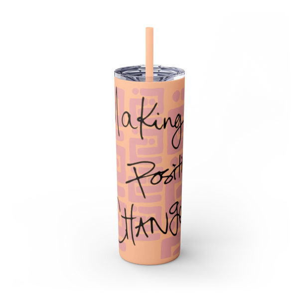 Freebrd Making Positive Changes 20oz matte peach blush skinny stainless steel tumbler with black handwritten script text and matching peach straw front view.