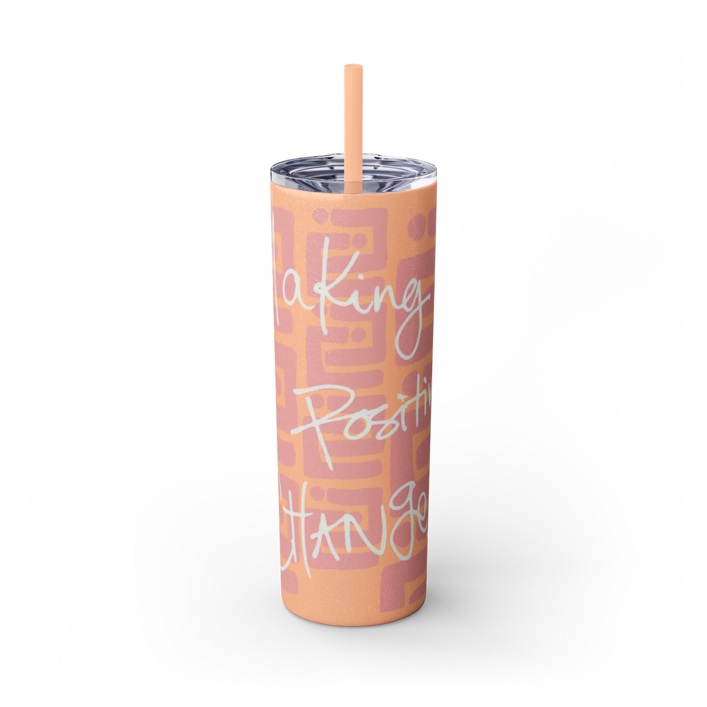 Freebrd Making Positive Changes 20oz glossy peach blush skinny stainless steel tumbler with white glitter handwritten script text and matching peach straw front view.