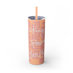 Freebrd Making Positive Changes 20oz glossy peach blush skinny stainless steel tumbler with white glitter handwritten script text and matching peach straw front view.