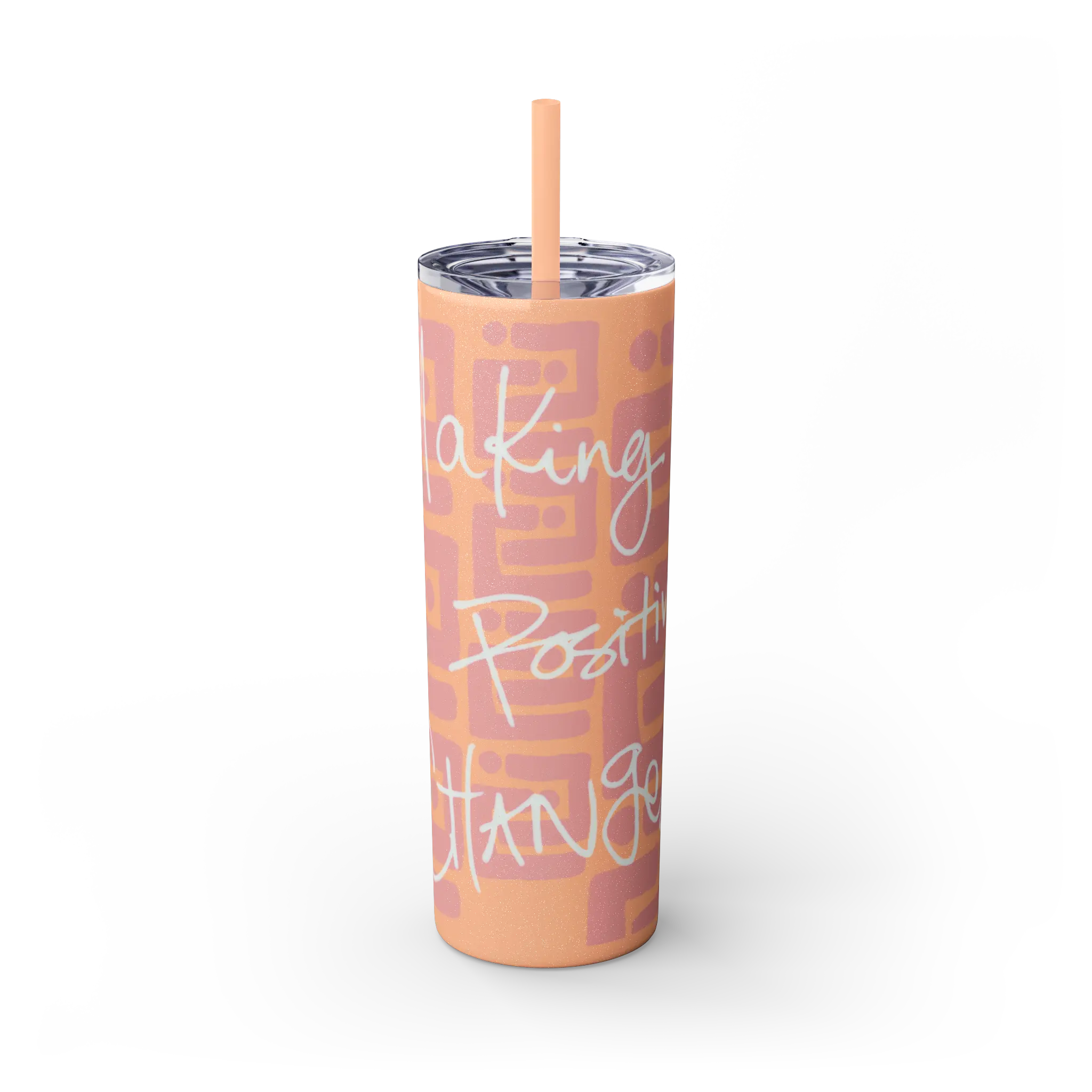 Freebrd Making Positive Changes 20oz glossy peach blush skinny stainless steel tumbler with white glitter handwritten script text and matching peach straw front view.