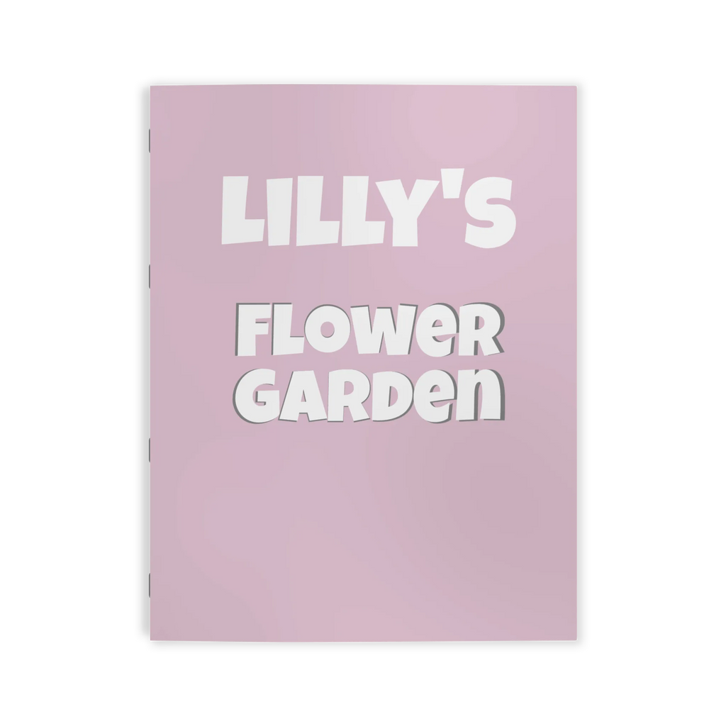 Freebrd Personalized Flower Garden Coloring Book lavender pink cover with customizable child's name and Flower Garden title in bold white and grey shadowed text.