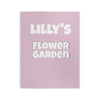 Freebrd Personalized Flower Garden Coloring Book lavender pink cover with customizable child's name and Flower Garden title in bold white and grey shadowed text.