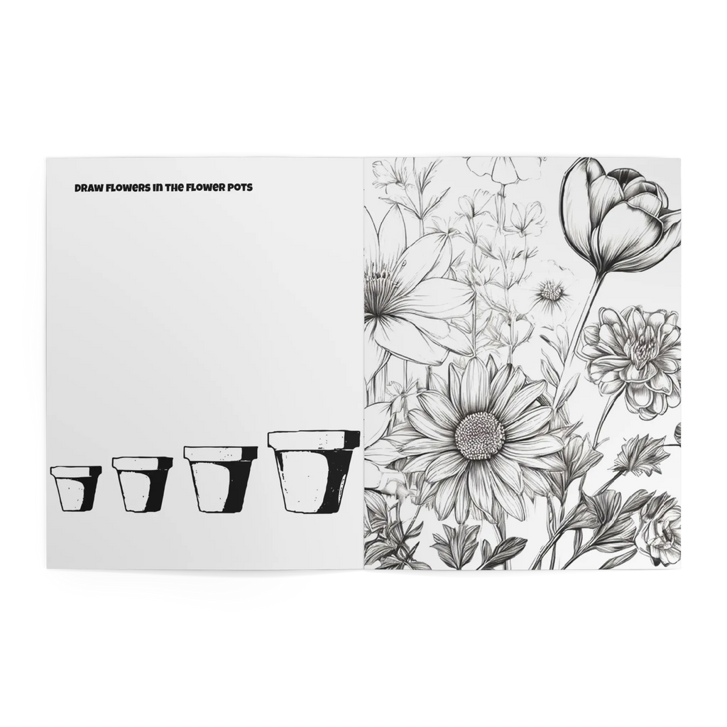 Freebrd Kids Flower Garden Coloring Book interior spread with Draw Flowers in the Flower Pots activity page alongside detailed black and white botanical floral illustrations including sunflowers tulips and roses.