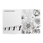 Freebrd Kids Flower Garden Coloring Book interior spread with Draw Flowers in the Flower Pots activity page alongside detailed black and white botanical floral illustrations including sunflowers tulips and roses.