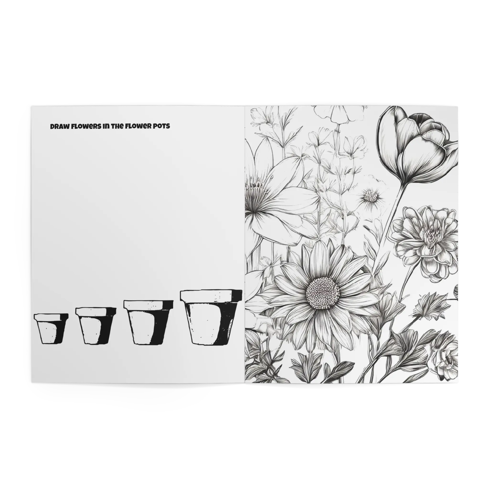 Freebrd Kids Flower Garden Coloring Book interior spread with Draw Flowers in the Flower Pots activity page alongside detailed black and white botanical floral illustrations including sunflowers tulips and roses.
