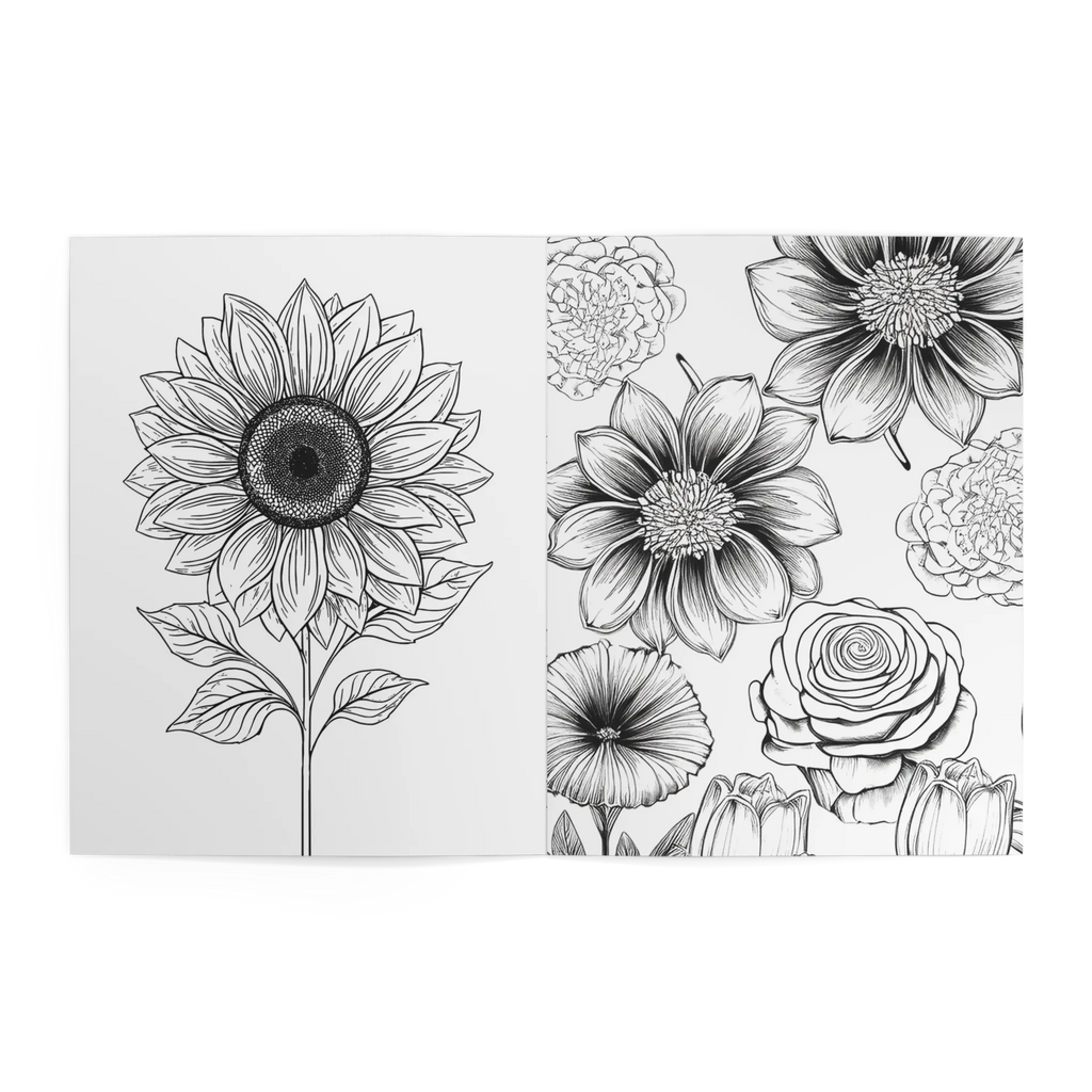 Freebrd Kids Flower Garden Coloring Book interior spread showing detailed black and white coloring pages with a large sunflower illustration and a full page of dahlias roses and wildflowers ready to color.