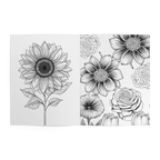 Freebrd Kids Flower Garden Coloring Book interior spread showing detailed black and white coloring pages with a large sunflower illustration and a full page of dahlias roses and wildflowers ready to color.