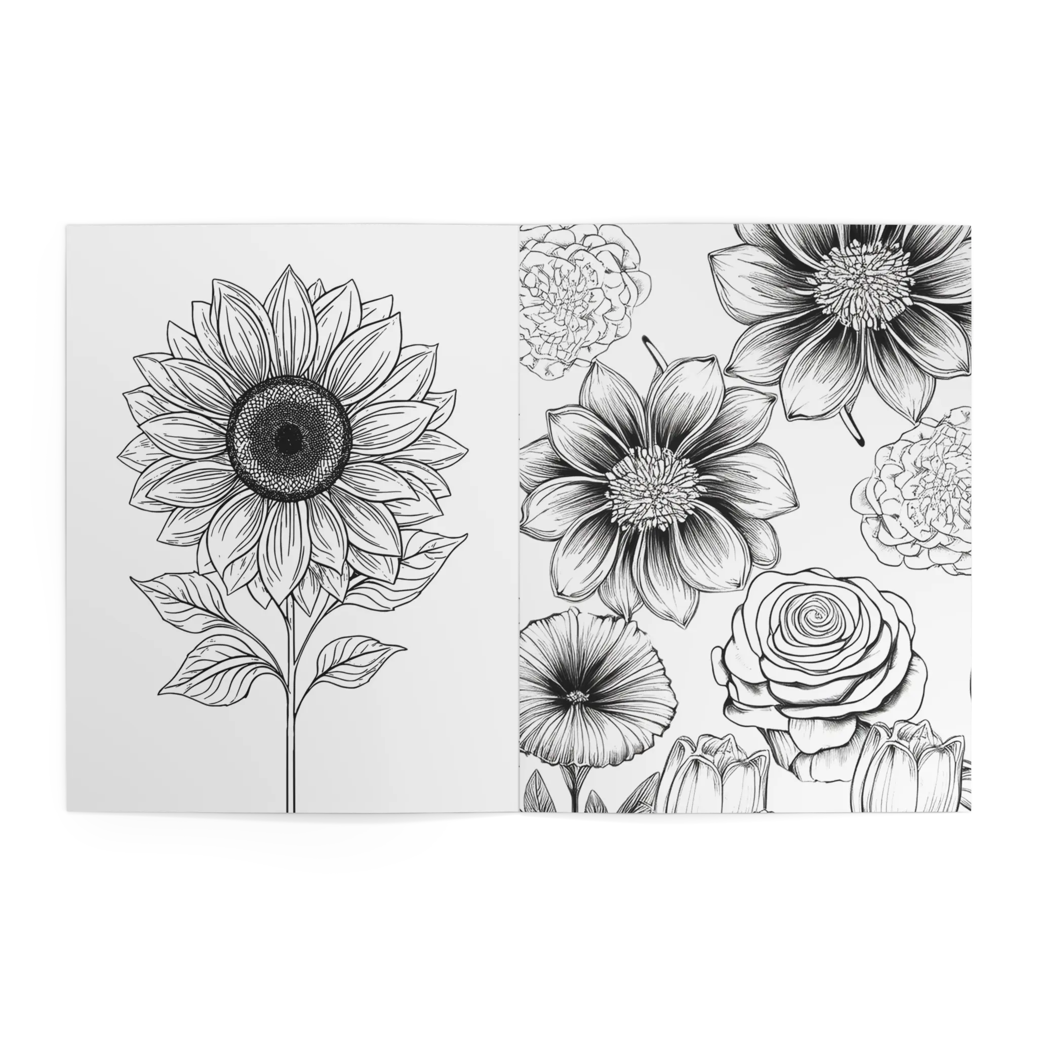 Freebrd Kids Flower Garden Coloring Book interior spread showing detailed black and white coloring pages with a large sunflower illustration and a full page of dahlias roses and wildflowers ready to color.
