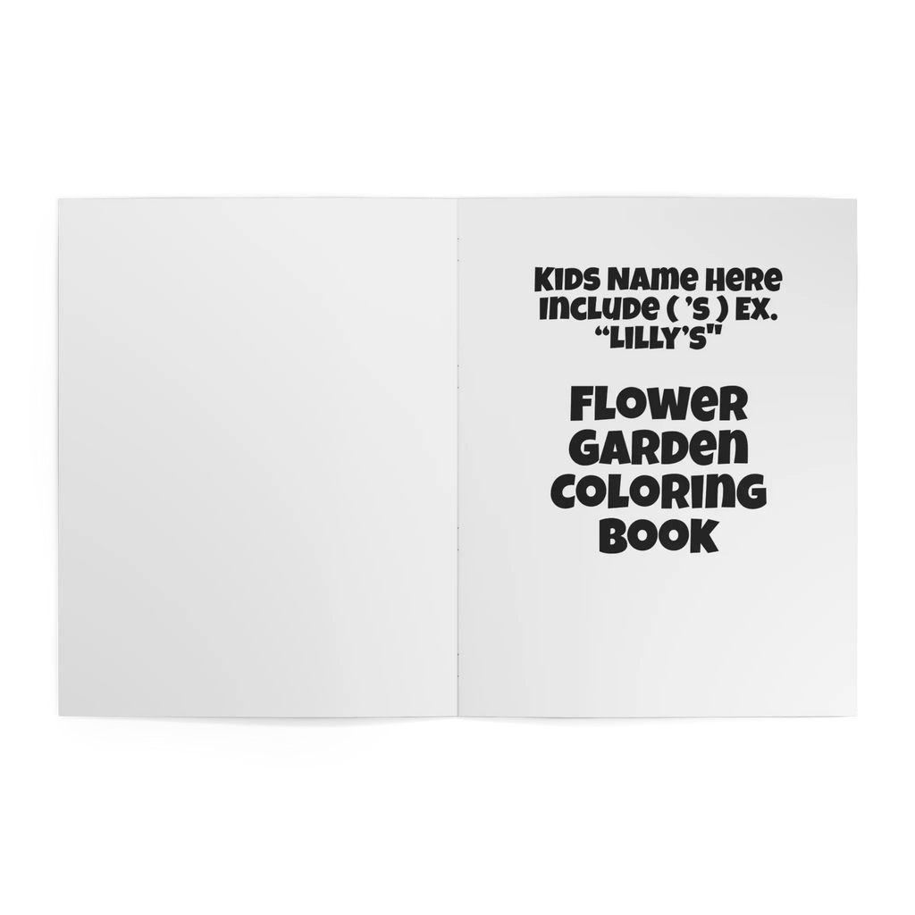 Inside title page of Freebrd Personalized Kids Flower Garden Coloring Book showing customizable child's name field and Flower Garden theme heading.