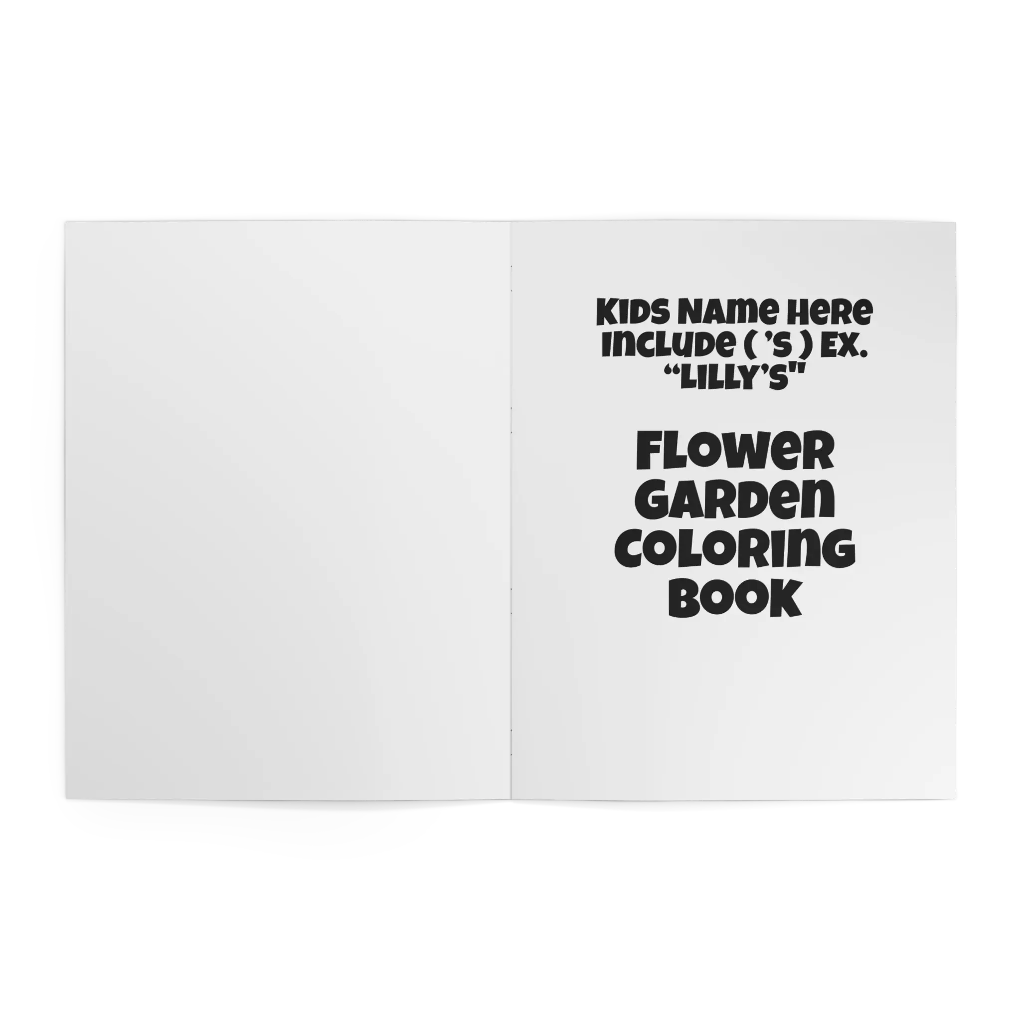 Inside title page of Freebrd Personalized Kids Flower Garden Coloring Book showing customizable child's name field and Flower Garden theme heading.