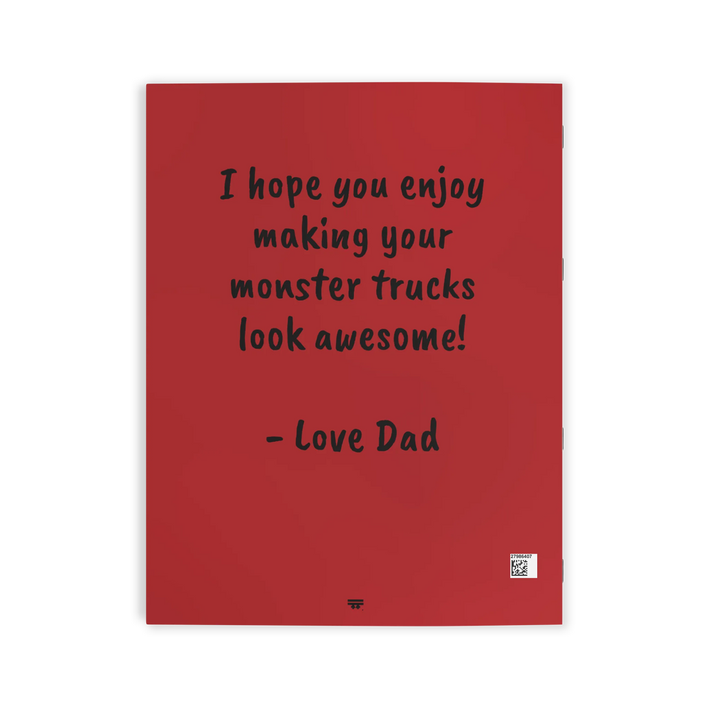 Freebrd Personalized Monster Trucks Coloring Book red back cover with space for a custom personal message up to 256 characters.