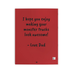 Freebrd Personalized Monster Trucks Coloring Book red back cover with space for a custom personal message up to 256 characters.