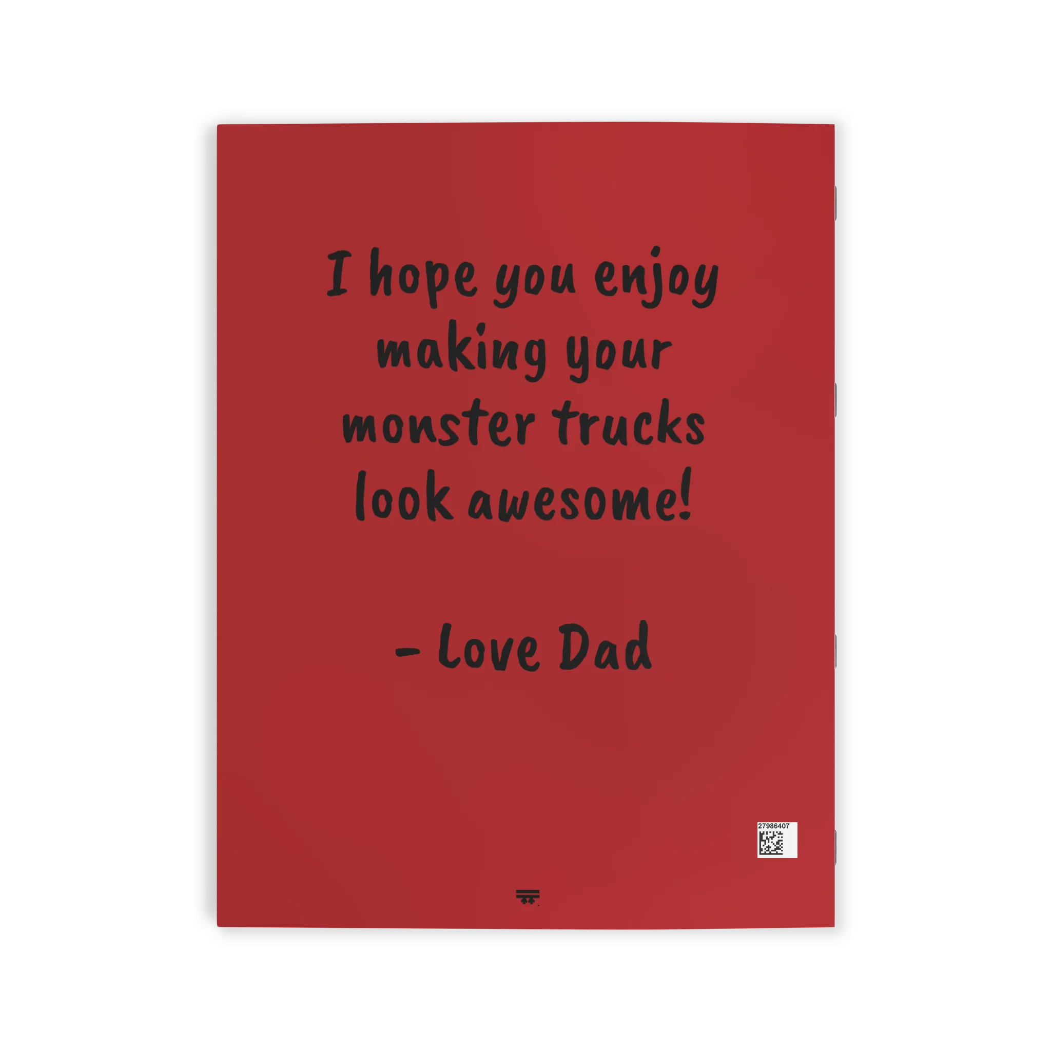 Freebrd Personalized Monster Trucks Coloring Book red back cover with space for a custom personal message up to 256 characters.