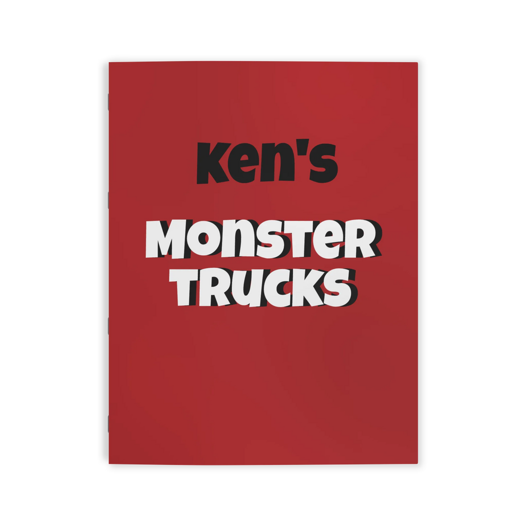 Freebrd Personalized Monster Trucks Coloring Book red front cover with customizable child's name and Monster Trucks title in bold black and white text.