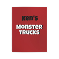 Freebrd Personalized Monster Trucks Coloring Book red front cover with customizable child's name and Monster Trucks title in bold black and white text.