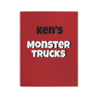 Freebrd Personalized Monster Trucks Coloring Book red front cover with customizable child's name and Monster Trucks title in bold black and white text.