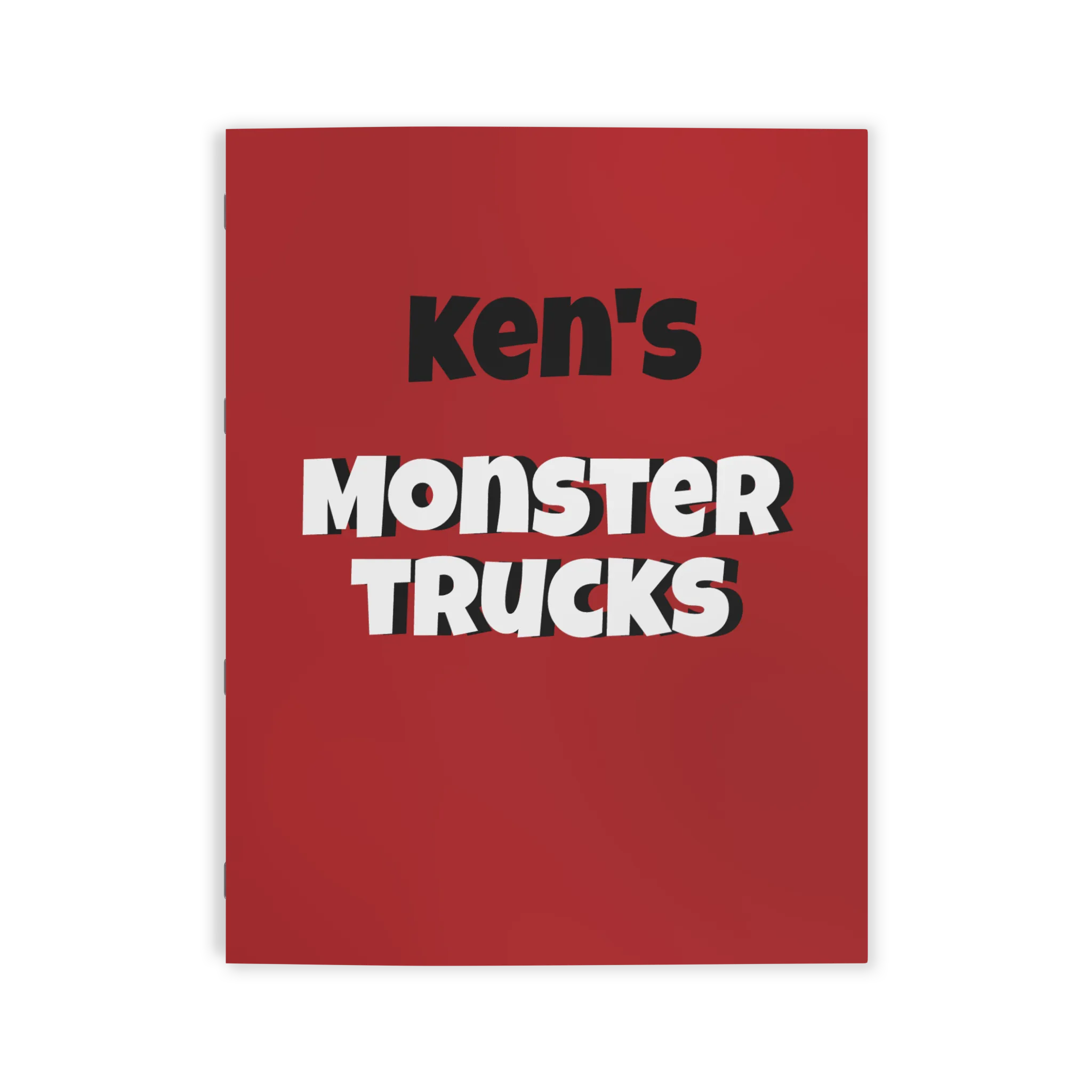 Freebrd Personalized Monster Trucks Coloring Book red front cover with customizable child's name and Monster Trucks title in bold black and white text.
