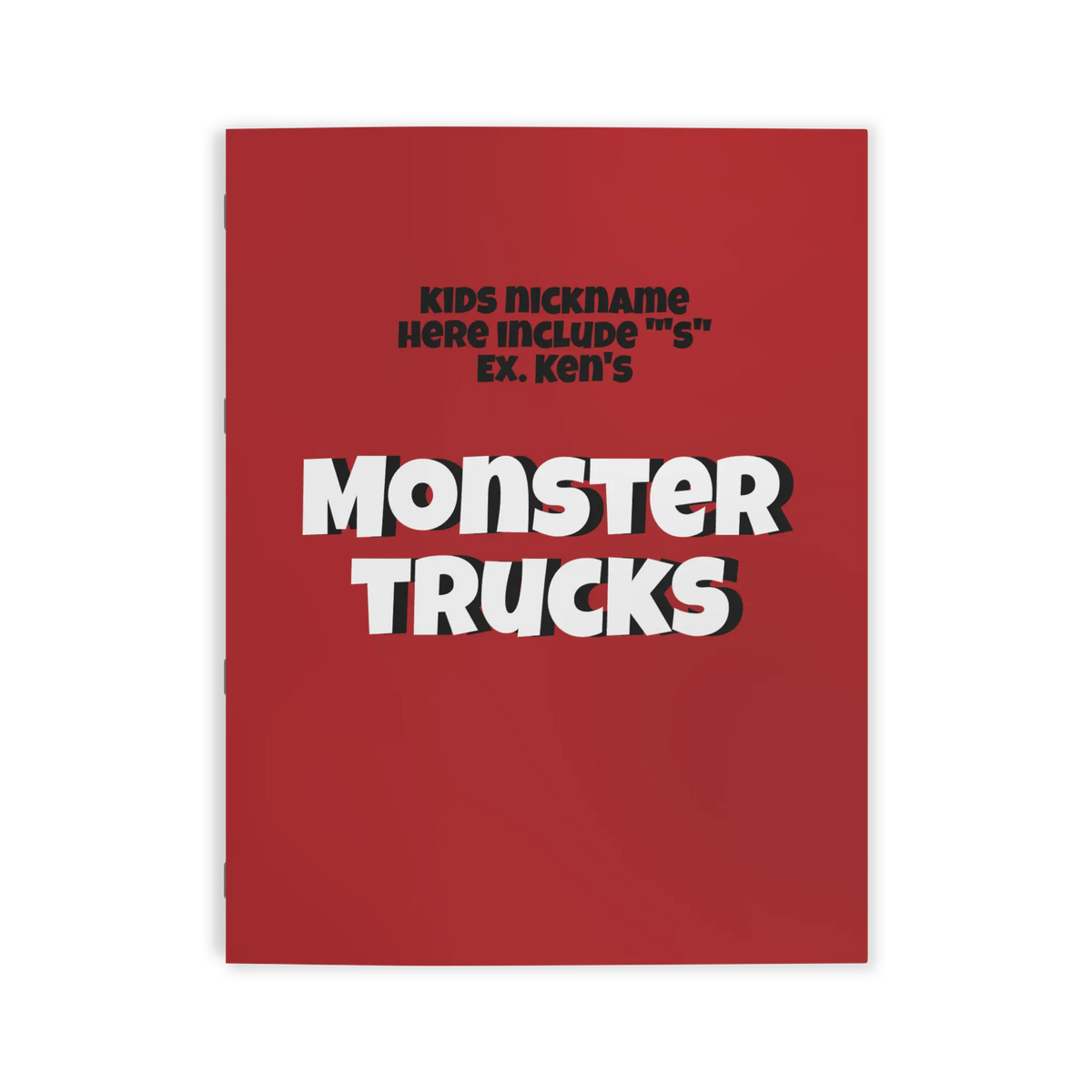Freebrd Personalized Monster Trucks Coloring Book red front cover with customizable child's name and Monster Trucks title in bold black and white text.