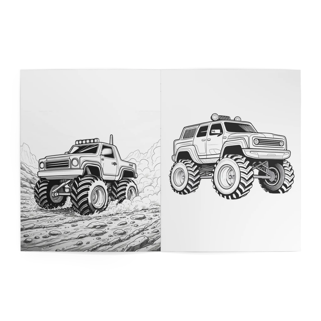 Freebrd Monster Trucks Coloring Book interior spread showing two detailed black and white monster truck illustrations ready to color on white pages.