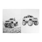 Freebrd Monster Trucks Coloring Book interior spread showing two detailed black and white monster truck illustrations ready to color on white pages.
