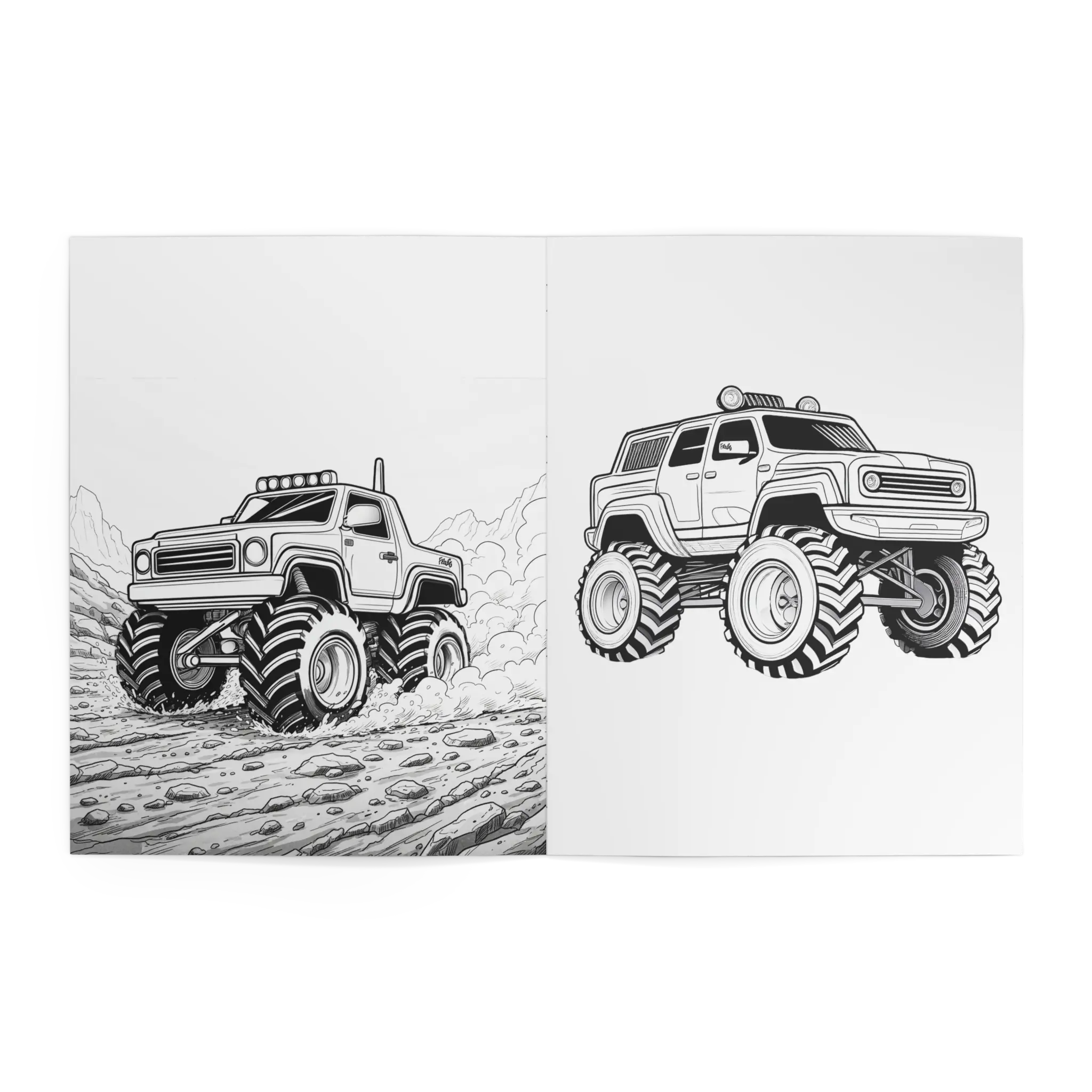 Freebrd Monster Trucks Coloring Book interior spread showing two detailed black and white monster truck illustrations ready to color on white pages.