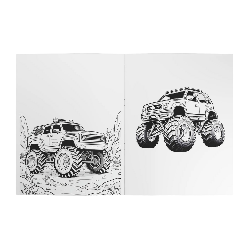 Freebrd Monster Trucks Coloring Book interior spread with two bold black and white monster truck line art illustrations on white background.
