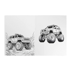 Freebrd Monster Trucks Coloring Book interior spread with two bold black and white monster truck line art illustrations on white background.