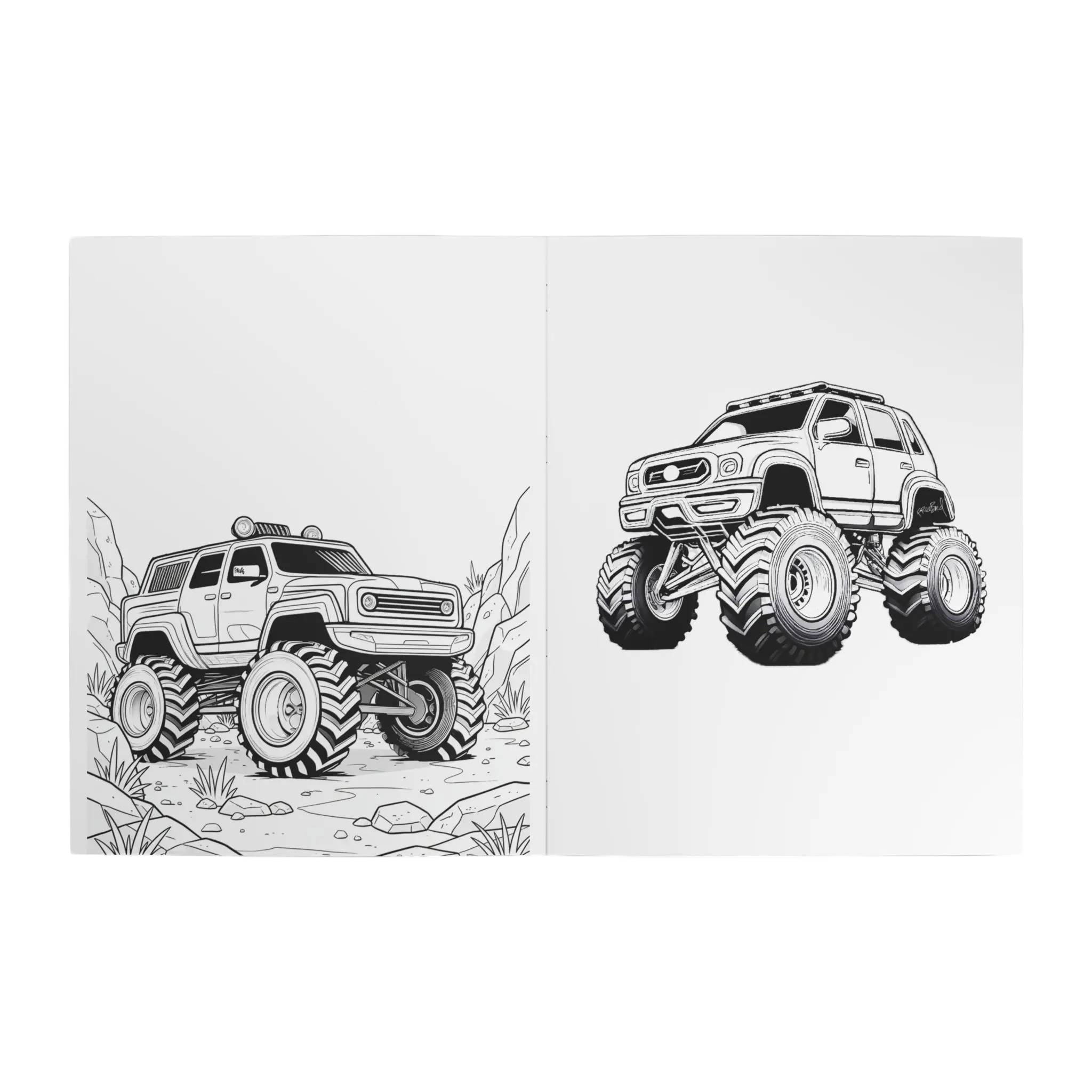 Freebrd Monster Trucks Coloring Book interior spread with two bold black and white monster truck line art illustrations on white background.