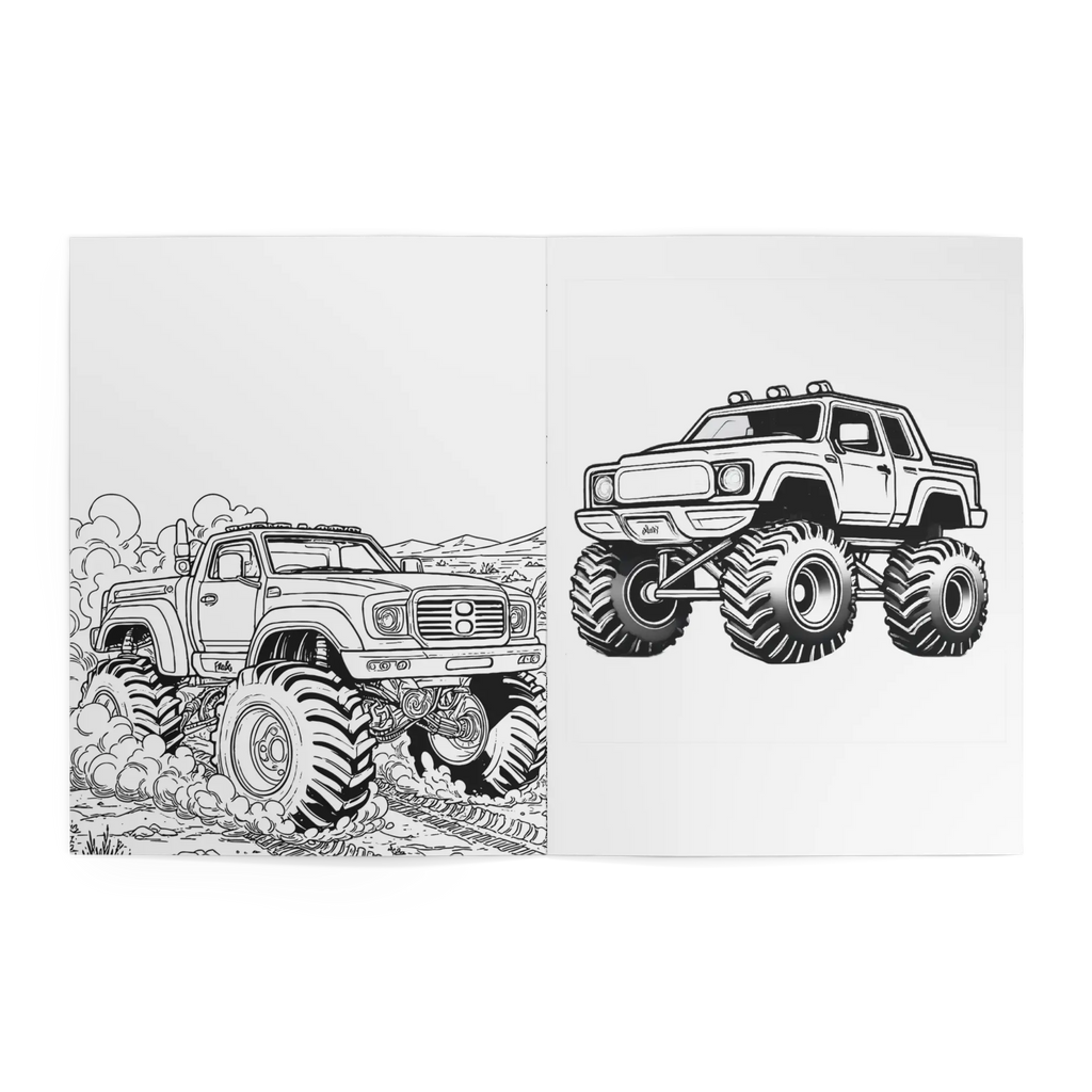 Freebrd Monster Trucks Coloring Book interior spread featuring two detailed monster truck coloring pages with rocky terrain scene and standalone truck illustration.