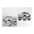 Freebrd Monster Trucks Coloring Book interior spread featuring two detailed monster truck coloring pages with rocky terrain scene and standalone truck illustration.