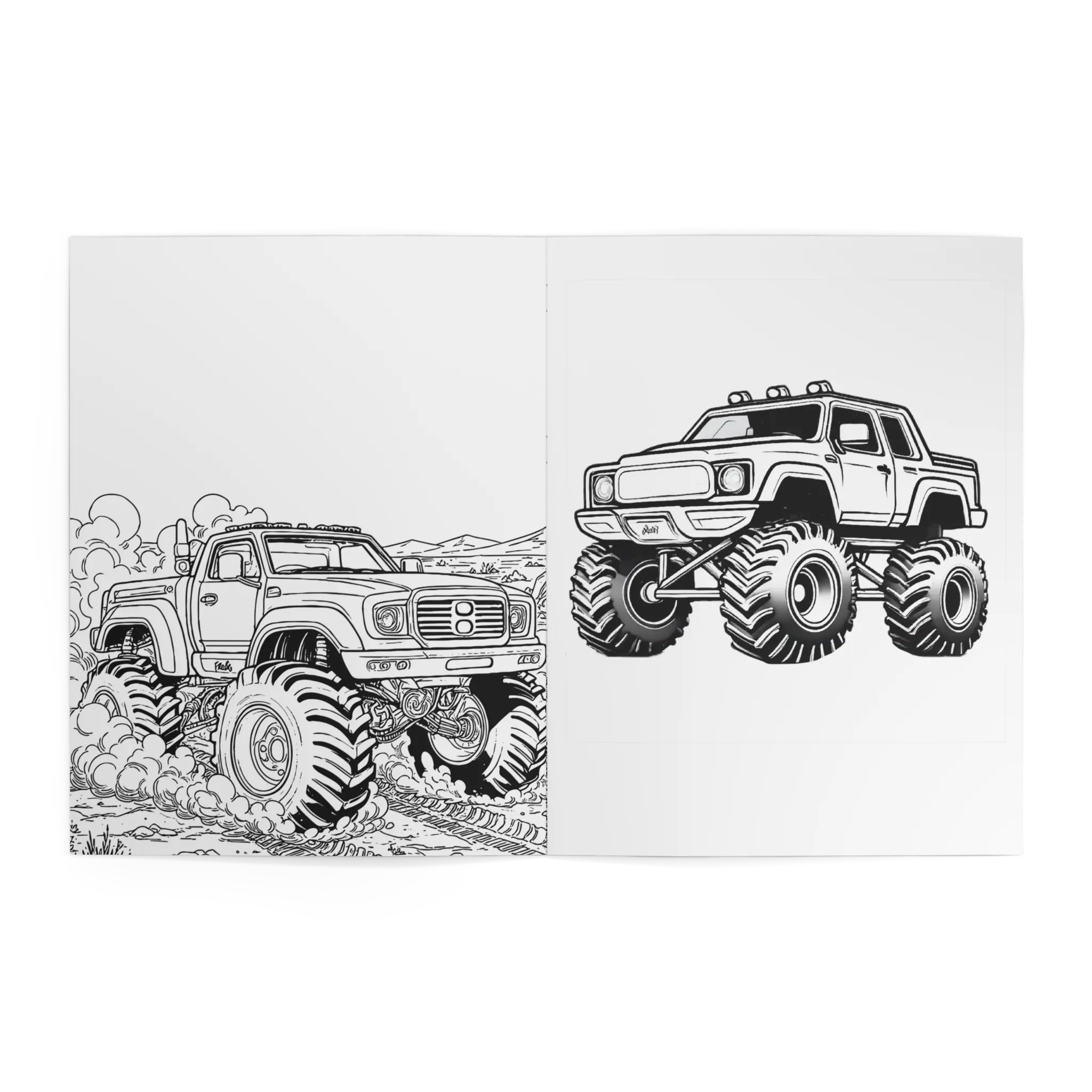 Freebrd Monster Trucks Coloring Book interior spread featuring two detailed monster truck coloring pages with rocky terrain scene and standalone truck illustration.