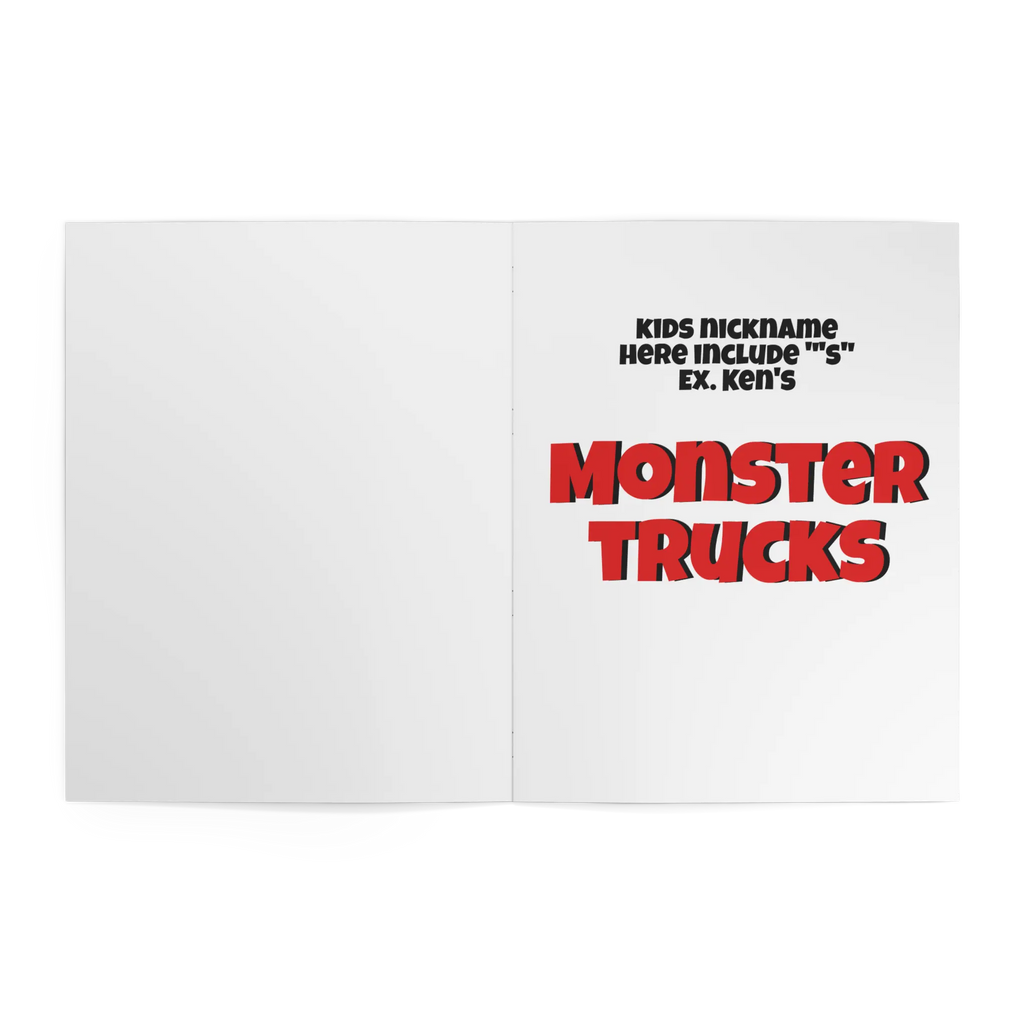 Inside title page of Freebrd Personalized Monster Trucks Coloring Book showing customizable child's nickname and Monster Trucks theme heading.