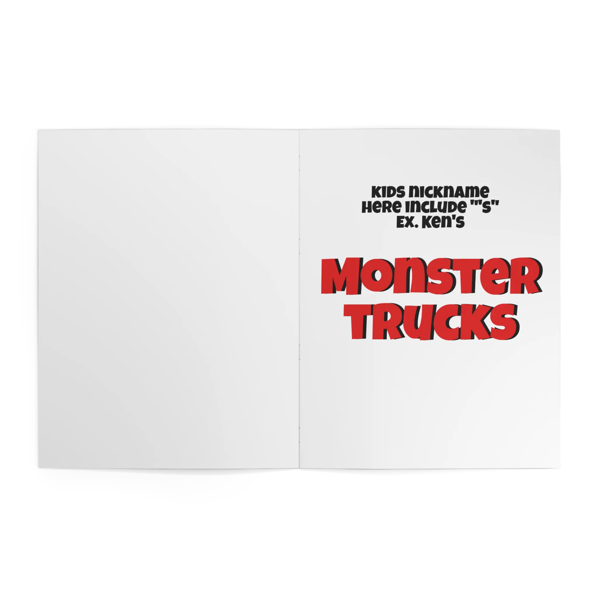 Inside title page of Freebrd Personalized Monster Trucks Coloring Book showing customizable child's nickname and Monster Trucks theme heading.