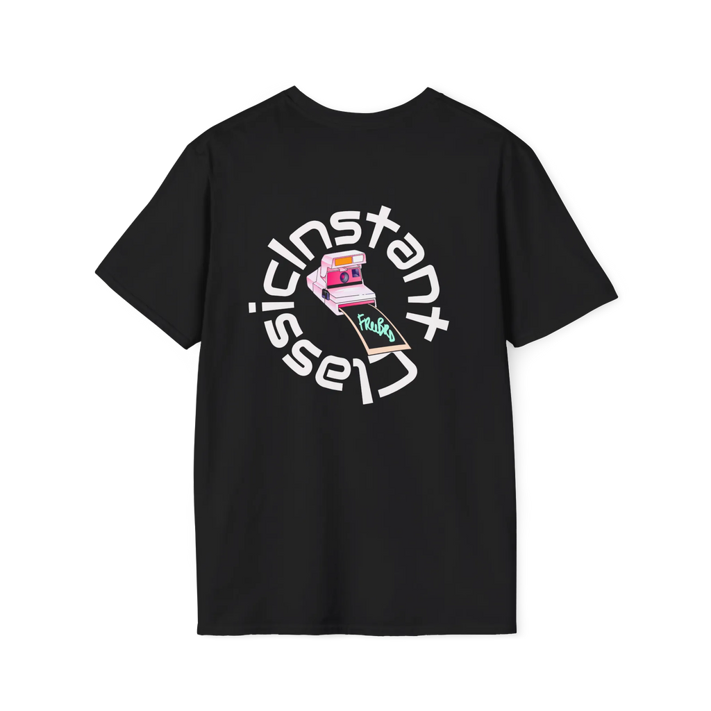 A black t-shirt featuring a retro pink polaroid camera with a Freebrd photo print and 'Instant Classic' circular wrap text graphic on the back.