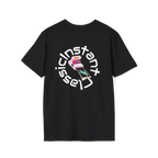 A black t-shirt featuring a retro pink polaroid camera with a Freebrd photo print and 'Instant Classic' circular wrap text graphic on the back.