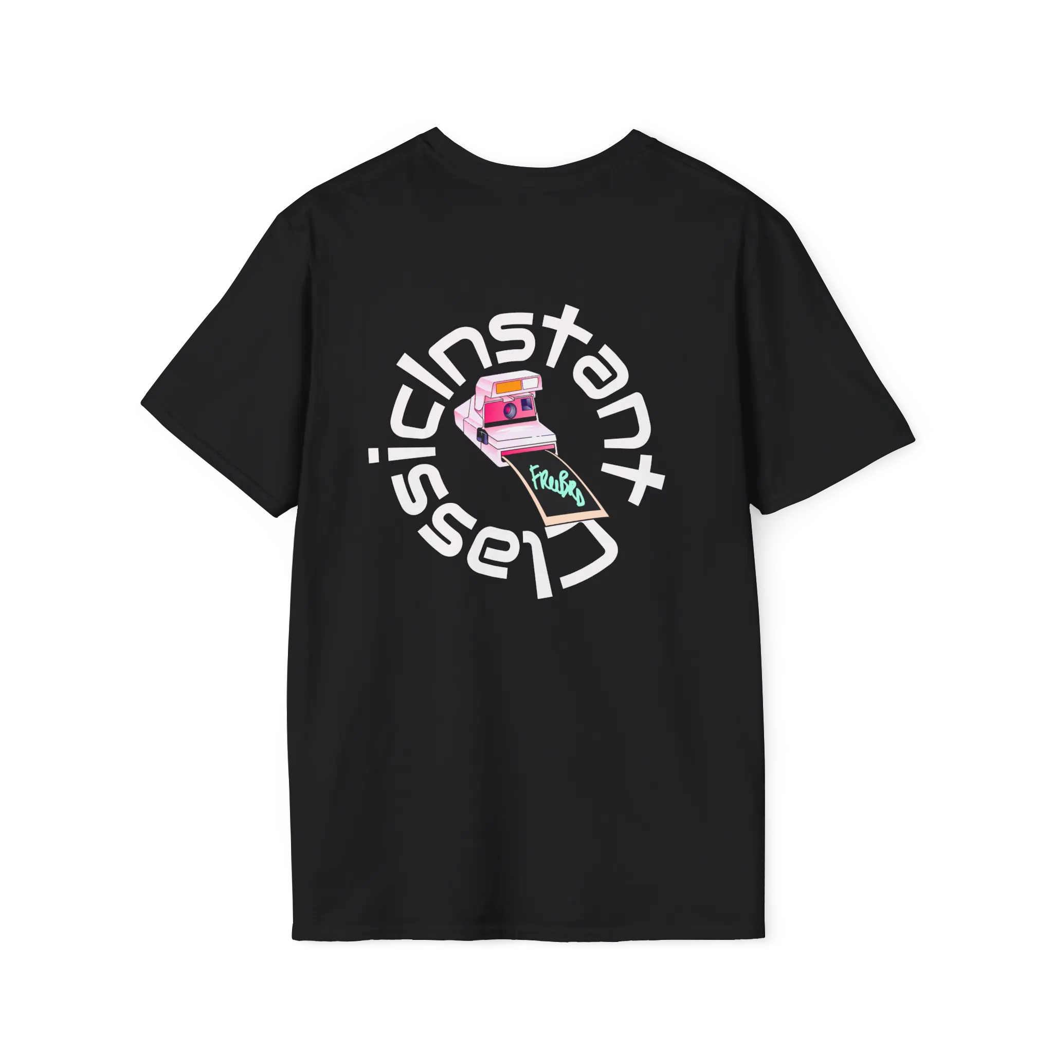 A black t-shirt featuring a retro pink polaroid camera with a Freebrd photo print and 'Instant Classic' circular wrap text graphic on the back.