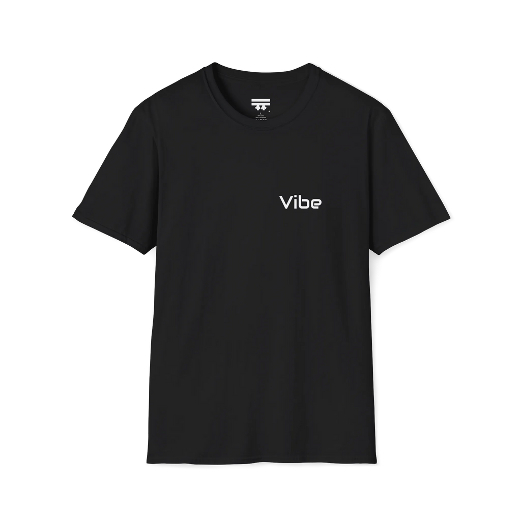 A black t-shirt with the white text 'Vibe' wordmark on the left chest and a white FREEBRD logo inner neck label.