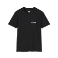 A black t-shirt with the white text 'Vibe' wordmark on the left chest and a white FREEBRD logo inner neck label.