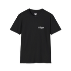 A black t-shirt with the white text 'Vibe' wordmark on the left chest and a white FREEBRD logo inner neck label.