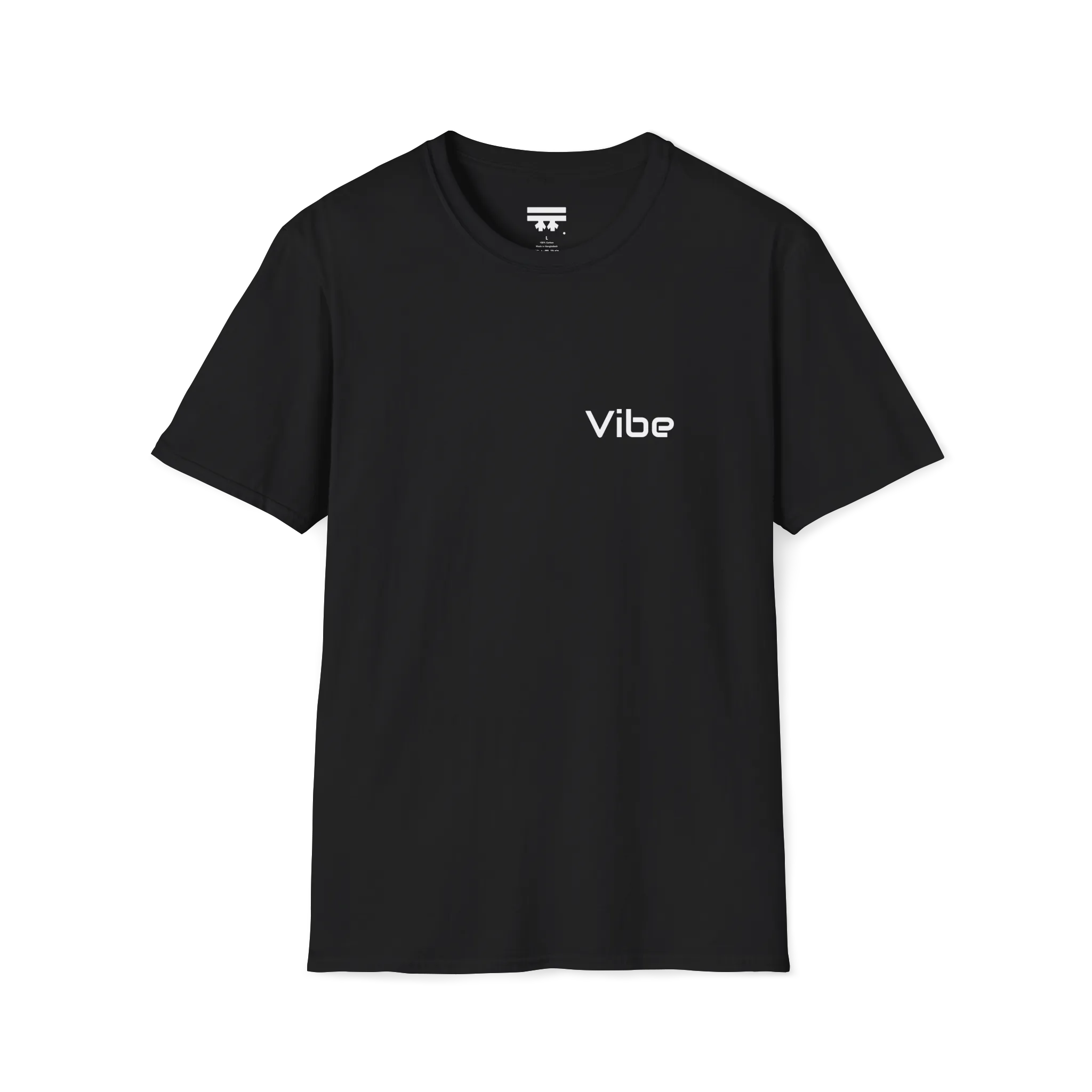 A black t-shirt with the white text 'Vibe' wordmark on the left chest and a white FREEBRD logo inner neck label.