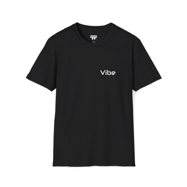 A black t-shirt with the white text 'Vibe' wordmark on the left chest and a white FREEBRD logo inner neck label.