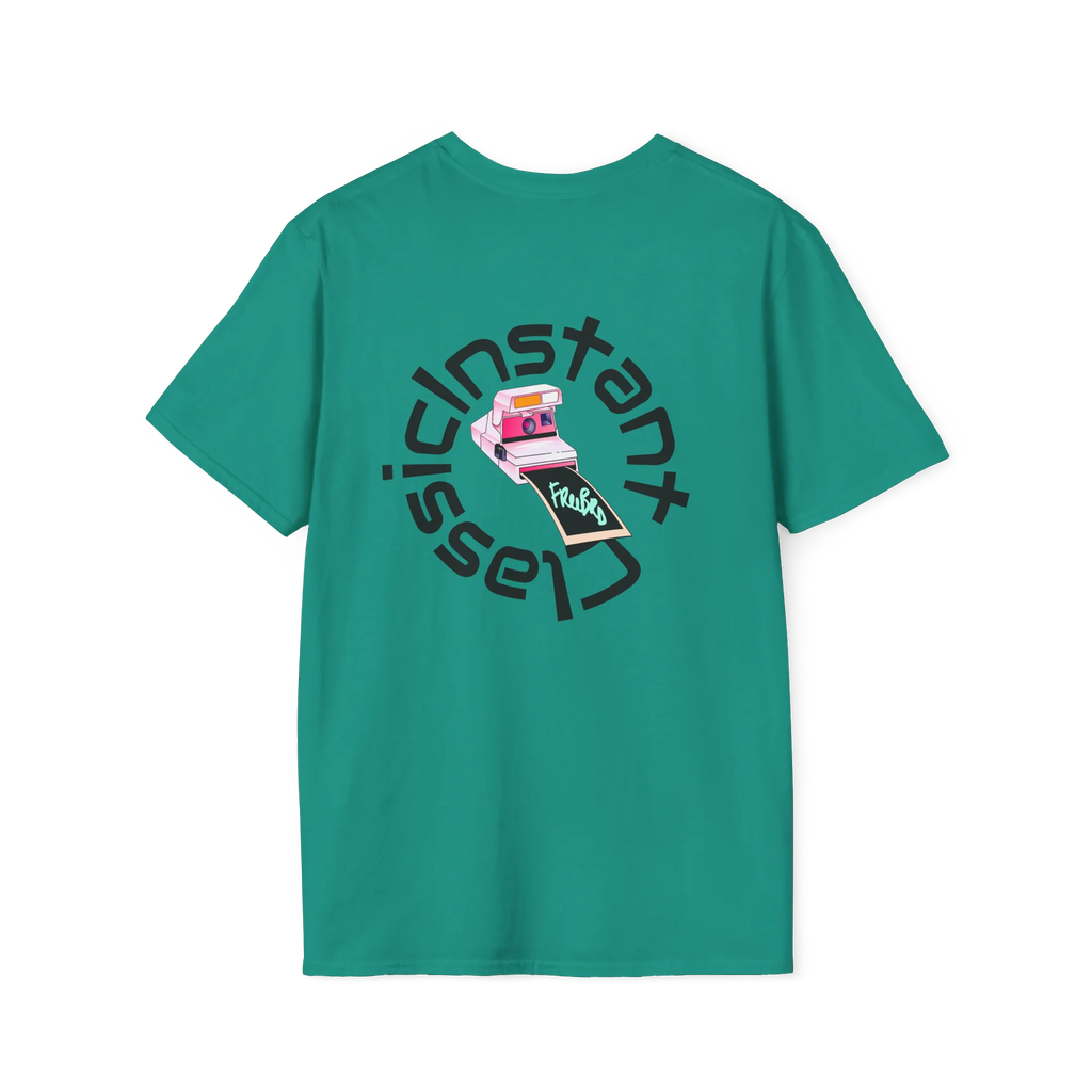 A jade dome t-shirt featuring a retro pink polaroid camera with a Freebrd photo print and 'Instant Classic' circular wrap text graphic on the back.